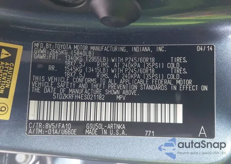 2014 Toyota Highlander Le Plus V6 from USA, damaged, VIN 5TDZKRFH4ES021182